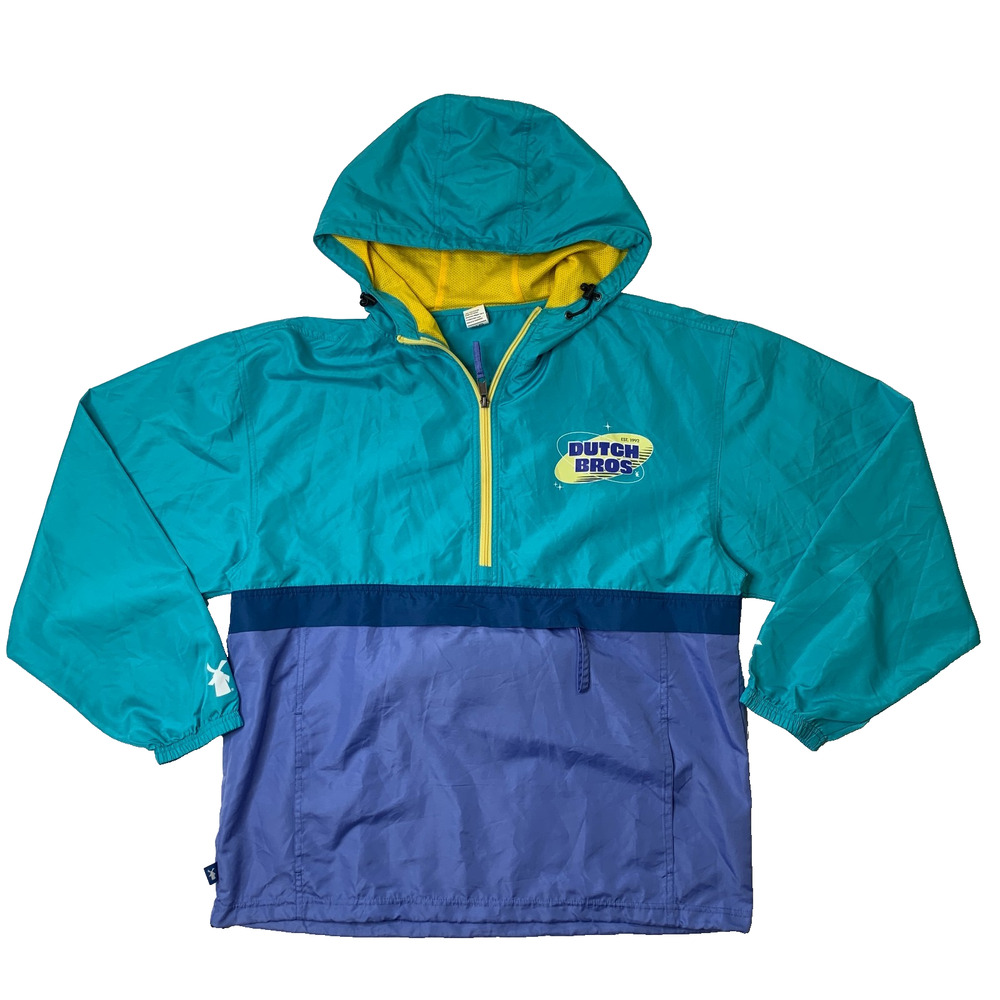 Dutch Bros Jacket Mens L Large Windbreaker Half Zip Hooded Colorblock Anorak